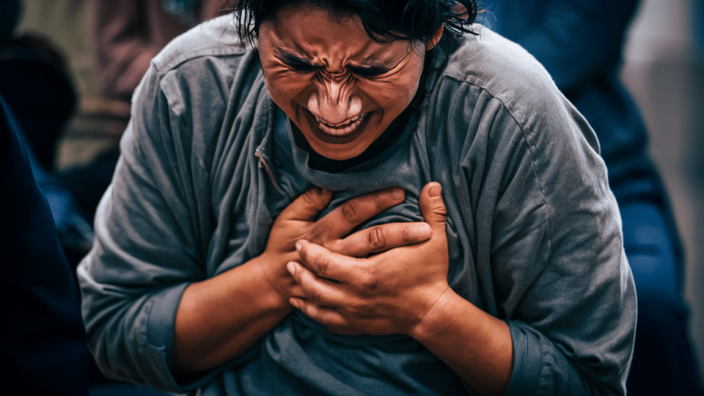 a person clutches their chest during a heart attack.