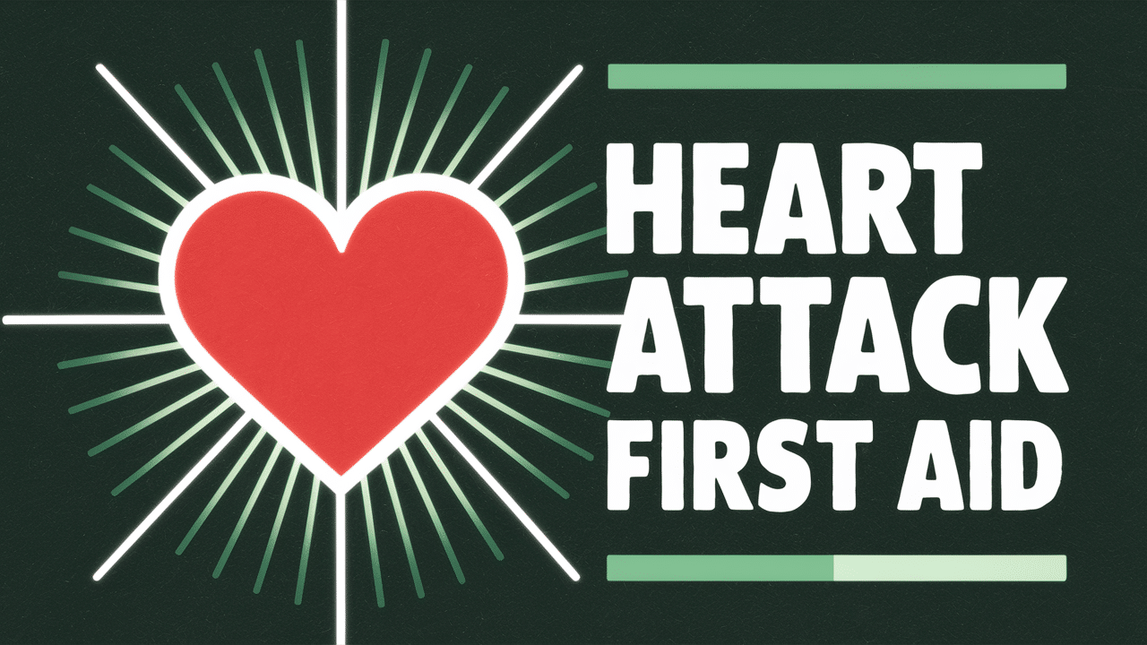 text that reads heart attack first aid and an image of a glowing heart